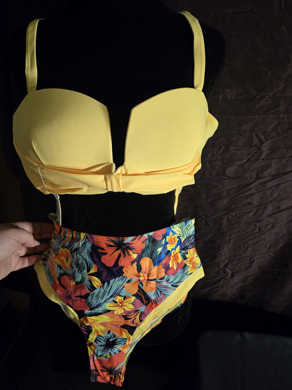 Yellow Bikini Top with Tropical High-Waist Bottoms